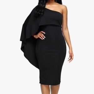 Black one shoulder cape dress - M